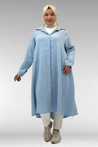 D-58093 Büyük Beden Mevlana Kesim Müslin Gömlek - Bebe Mavi
