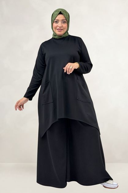 68086 Büyük Beden Eteği Oval Kesim Modal Tunik - Siyah