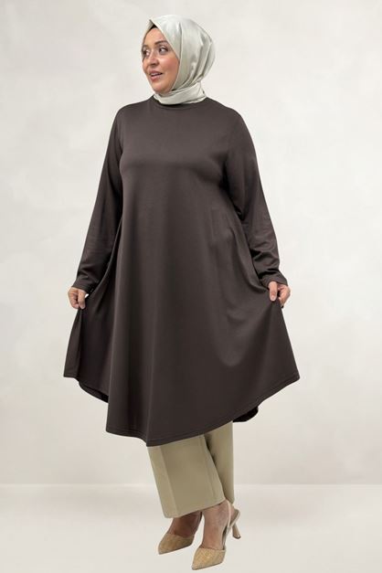 68090 Büyük Beden Modal Mevlana Tunik  - Kahve