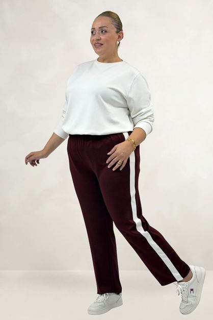 69025 Büyük Beden Yanları Şeritli Modal Pantolon - Bordo