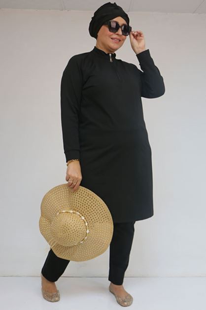 D-1732 Büyük Beden Balıkçı Yaka Fermuarlı Mayo - Siyah
