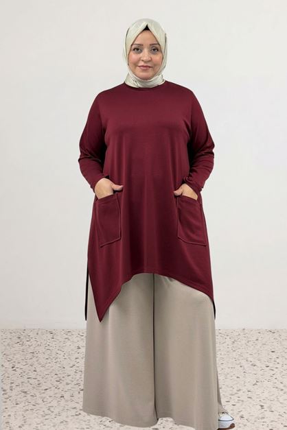 68086 Büyük Beden Eteği Oval Kesim Modal Tunik - Bordo
