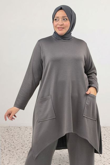 68086 Büyük Beden Eteği Oval Kesim Modal Tunik - Antrasit