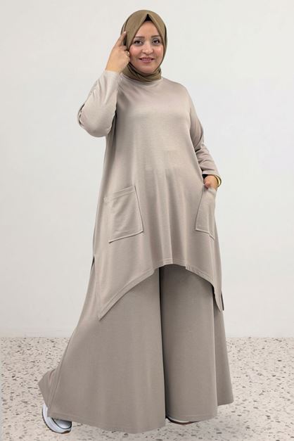 68086 Büyük Beden Eteği Oval Kesim Modal Tunik - Bej