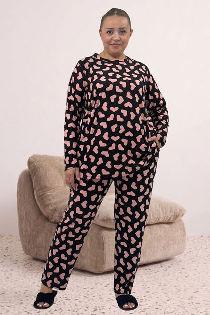 67810 Büyük Beden Uzunkol Desenli Süet Pantolonlu Pijama Takımı - Siyah Pembe Kalpli