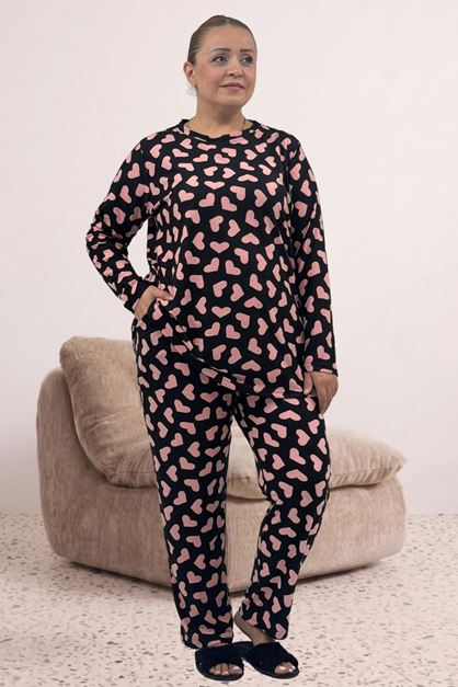 67810 Büyük Beden Uzunkol Desenli Süet Pantolonlu Pijama Takımı - Siyah Pembe Kalpli