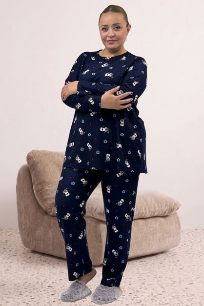 67810 Büyük Beden Uzunkol Desenli Süet Pantolonlu Pijama Takımı - Laci Penguen Desenli