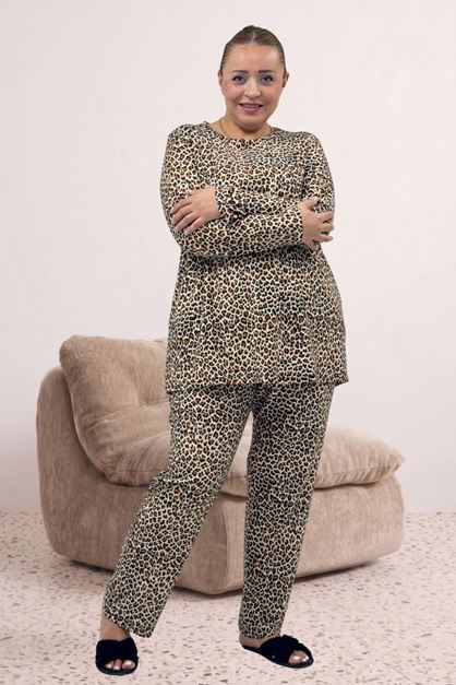 67810 Büyük Beden Uzunkol Desenli Süet Pantolonlu Pijama Takımı - Leopar