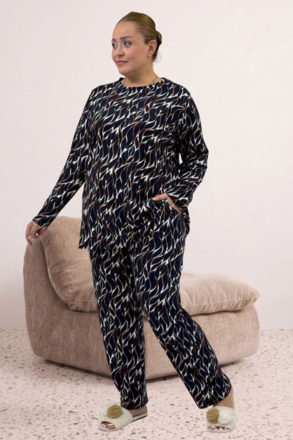 67810 Büyük Beden Uzunkol Desenli Süet Pantolonlu Pijama Takımı - Laci-Vizon Desenli