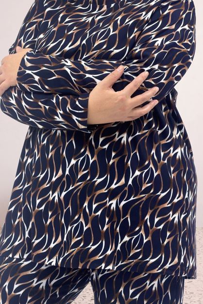 67810 Büyük Beden Uzunkol Desenli Süet Pantolonlu Pijama Takımı - Laci-Vizon Desenli
