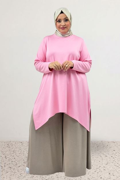 68106 Büyük Beden Eteği Oval Kesim Modal Tunik - Pembe