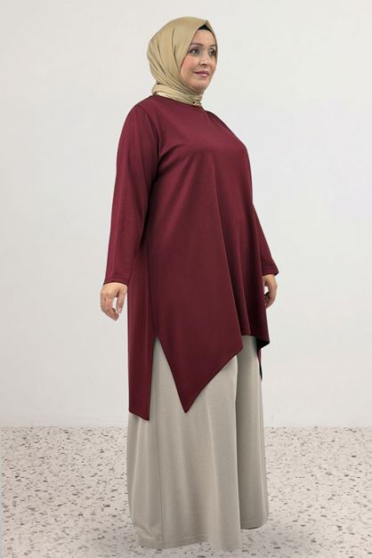 68106 Büyük Beden Eteği Oval Kesim Modal Tunik - Bordo