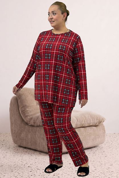 D-67810 Büyük Beden Uzunkol Desenli Süet Pantolonlu Pijama Takımı - Bordo Kare Desenli