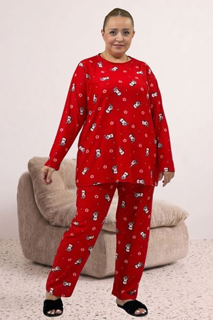 D-67810 Büyük Beden Uzunkol Desenli Süet Pantolonlu Pijama Takımı - Kırmızı Penguen Desenli