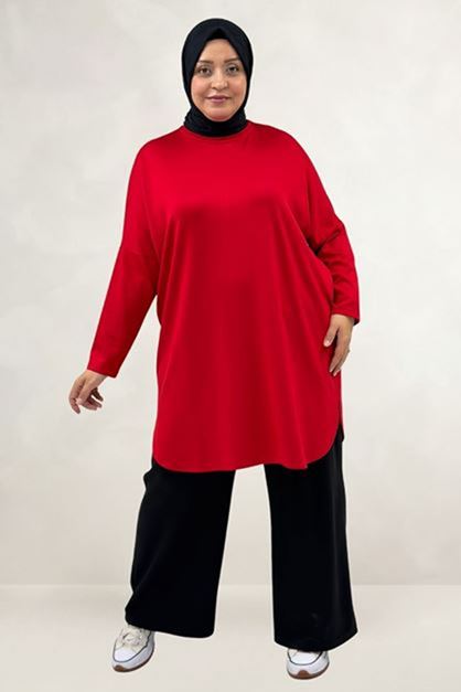 D-68091 Büyük Beden Basic Modal Tunik - Kırmızı