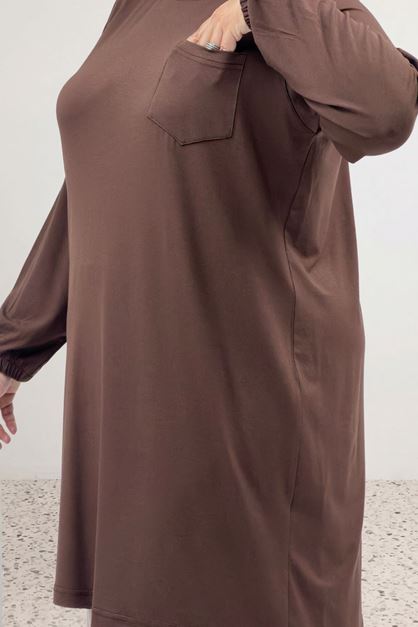 38014 Büyük Beden Basic Penye Tunik - Kahve