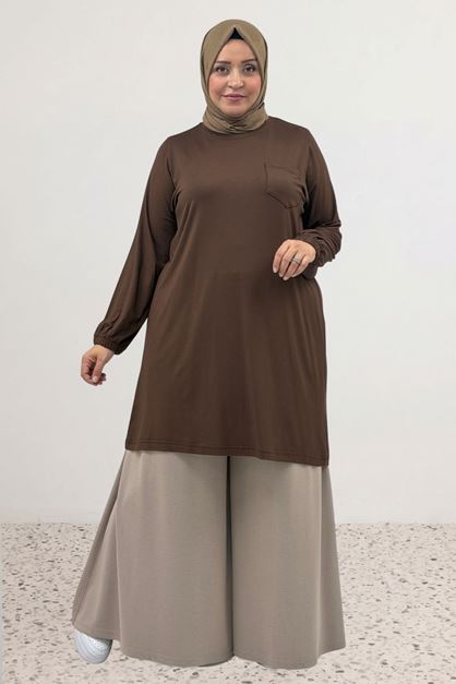 38014 Büyük Beden Basic Penye Tunik - Kahve