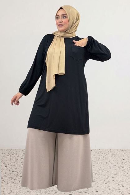 38014 Büyük Beden Basic Penye Tunik - Siyah