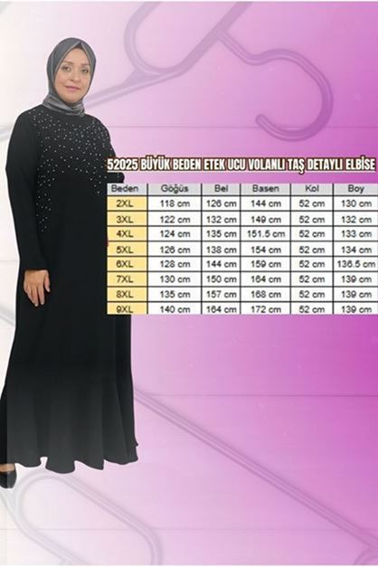 52025 Büyük Beden Etek Ucu Volanlı Taş Detaylı Elbise - hardal