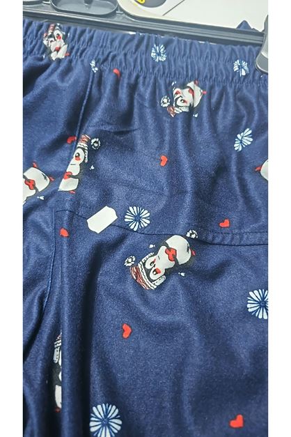 D-67810 Büyük Beden Uzunkol Desenli Süet Pantolonlu Pijama Takımı - Laci Penguen Desenli
