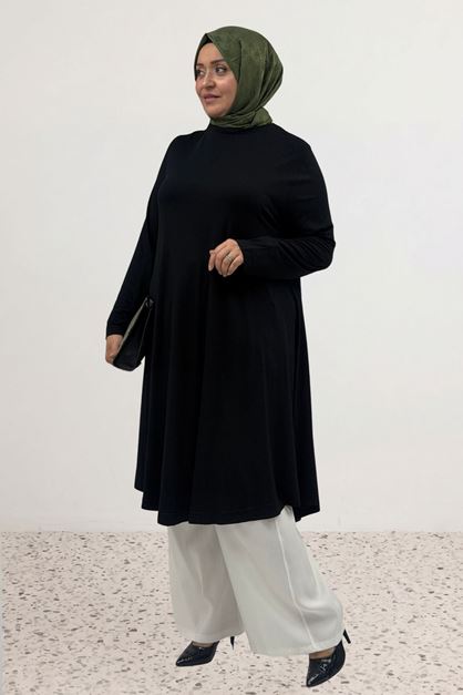 28016 Büyük Beden Mevlana Penye Tunik - Siyah