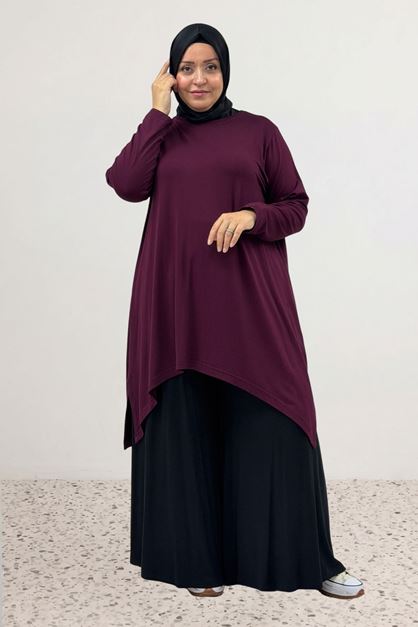 58070 Büyük Beden Asimetrik Kesim Penye Tunik - Bordo