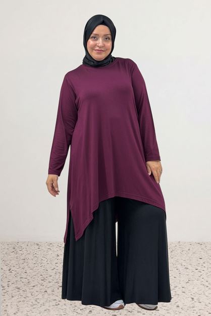 58070 Büyük Beden Asimetrik Kesim Penye Tunik - Bordo