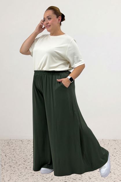 49003 Large Size Combed Cotton Skirt Trousers with Elastic Waist - Emerald