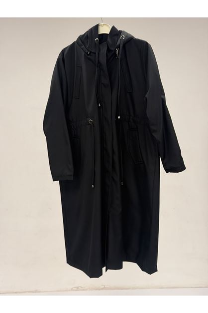 T-43059 Büyük Beden Dik Yakalı Bondit Trençkot - Siyah