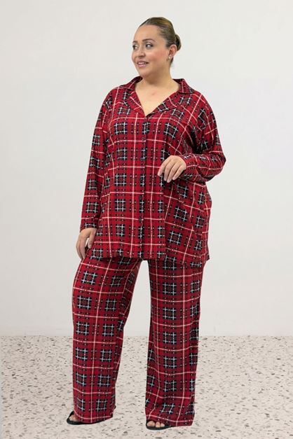 67811 Büyük Beden Boydan Düğmeli Desenli Süet Pijama Takımı - Bordo Kare Desenli