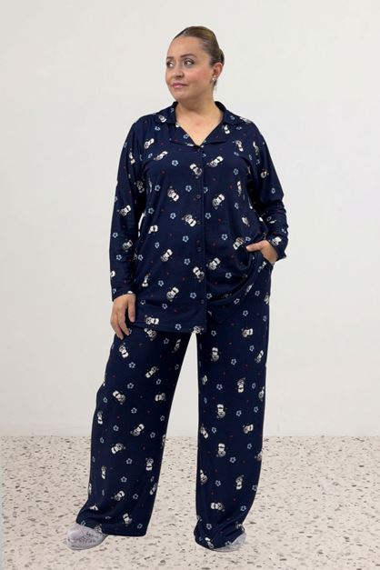 67811 Büyük Beden Boydan Düğmeli Desenli Süet Pijama Takımı - Laci Penguen Desenli