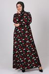 22023 Büyük Beden Kolu Lastikli Örme Krep Elbise - Kırmızı Çiçekli