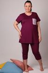 37800 Büyük Beden Penye Kaprili Pijama Takımı -Siyah Desenli Mürdüm