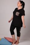 37800 Büyük Beden Penye Kaprili Pijama Takımı -Leopar Desenli Siyah