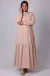 32007 Plus Size Cuffed Collar Buttoned Goffre Dress-Beige
