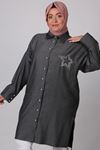 38024 Large Size Star Stone Printed Tencel Shirt-Black