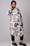 38074 Large Size Buttoned Patterned Linen Shirt -Ethnic Pattern Green