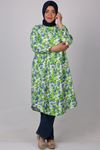 38074 Large Size Buttoned Patterned Linen Shirt - Leaf Pattern Green