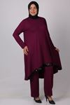 37003 Large Size Sequined Combed Cotton Pants Suit-Plum