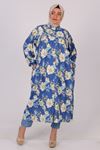 38088 Large Size Front Pleated Patterned Crepe-Floral Patterned Indigo