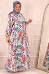  32039 Large Size Patterned Linen Dress-Navy Blue