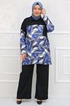 37026 Large Size Crepe Color Combination Trouser Suit-Sax Patterned