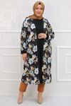 37101 Large Size Crepe Tunic Jacket Suit-Flower Pattern Black