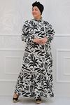  32036 Large Size Standing Collar Frilly Linen Dress-Patterned Sax