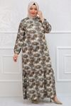  32041 Plus Size Skirt Frilly Patterned Jesica Dress-Leaf Pattern Oil Green