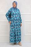  32041 Plus Size Skirt Frilly Patterned Jesica Dress-Leaf Pattern Turquoise