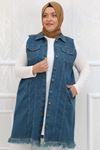 34004 Large Size Tasseled Denim Vest - Petrol