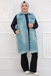 34004-1 Large Size Stone Nails Tasseled Denim Vest - Cold Blue