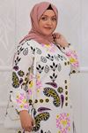  32043 Plus Size Patterned Linen Dress - Ethnic Pattern Pink