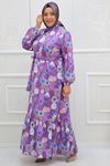 32040 Plus Size Jesica Dress with Frilled Neckline-Circle Pattern Purple